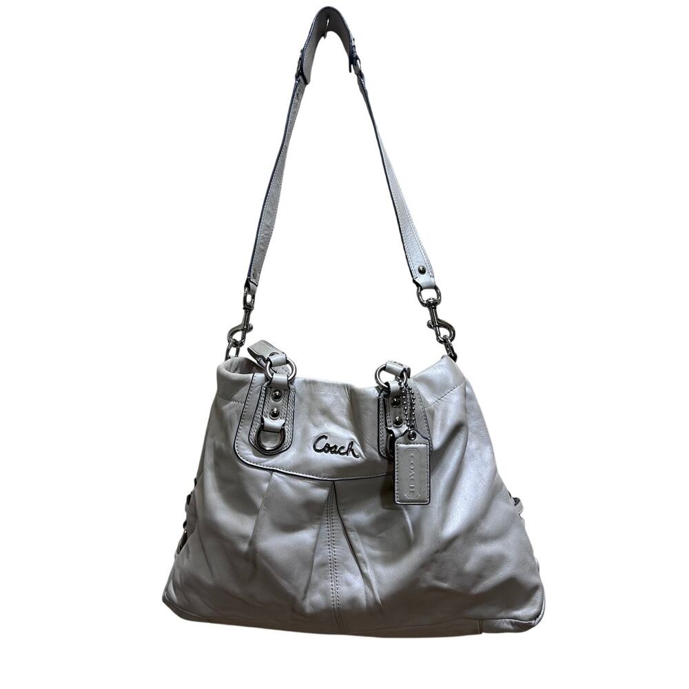 Coach Madison Op Art Leather Shoulder Bag Cream Silvery Hobo Tote Purse F15513